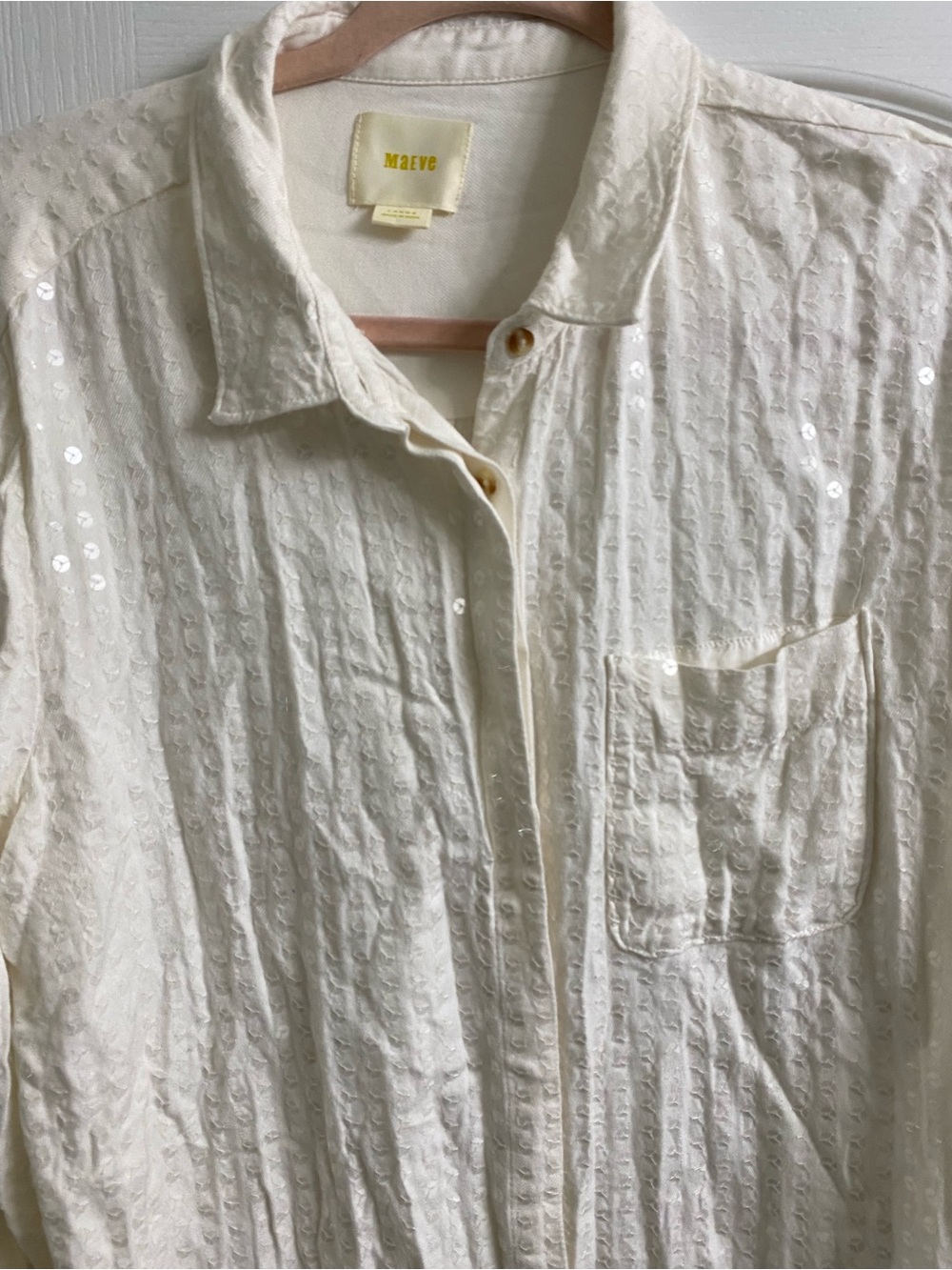 Anthropologie Maeve Sequn Textured Button Down Long Sleeve Lagenlook Cream Top L - Picture 4 of 15